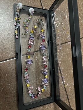 Multicolor Crystal Link Necklace & Earring set- Elegant Pastel Gemstones